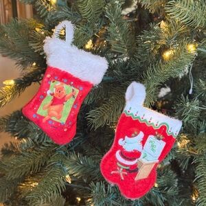 Vintage Red Holiday Stocking Ornaments with Winnie the Pooh and Santa